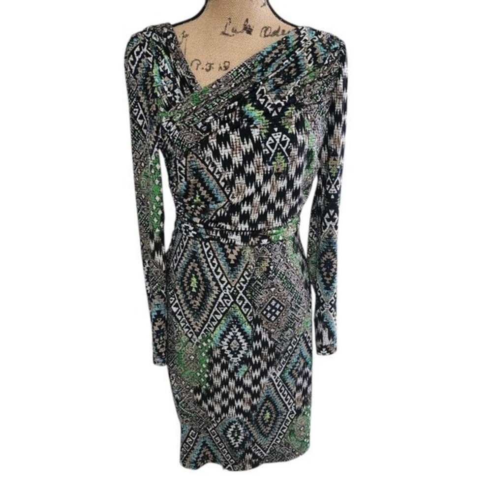 Kay Unger Geometric Print Dress Long‎ Sleeve Party Cocktail Bodycon Green Size S